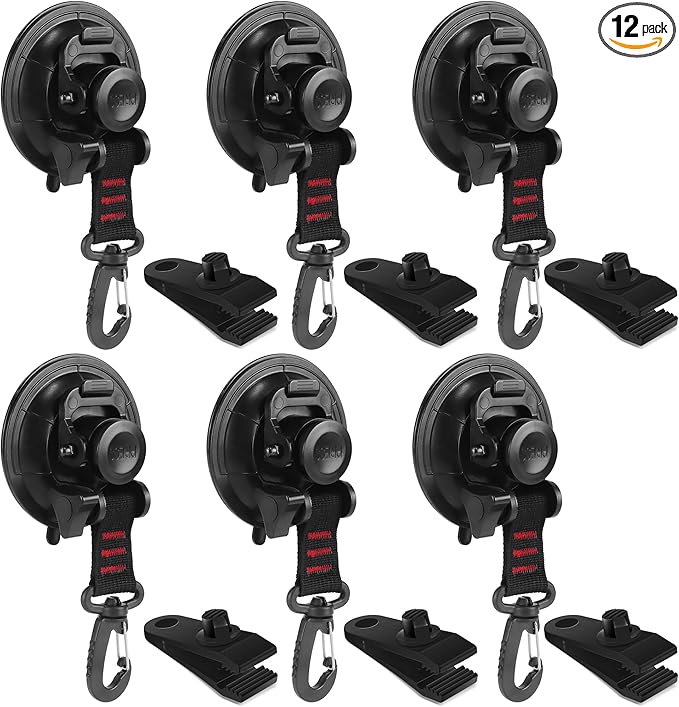 Vashly Heavy Duty Suction Cup 6 Pcs Strong Suction Cups with Hooks and 6 Pcs Tarp Clips Deavy Duty Lock Grip for Car Awning Boat Camping