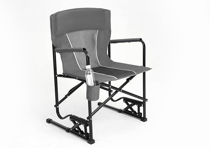Outdoor Freestyle Rocker Camping Chair Portable Folding Rocking Chair with Solid Armrests Drink Holder Comfortable Backrest Grey