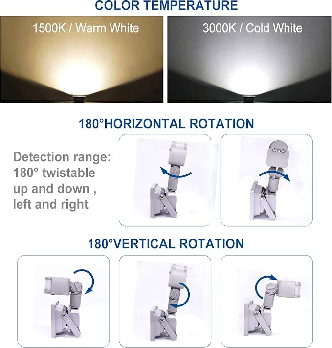 Z Motion Sensor Flood Lights Outdoor10W Induction LED Lamp IP65 Waterproof Spotlight6500K LED Sensor LightSecurity Light with US 3-Plug (Daylight White Grey)