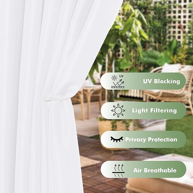 HolidayIdeas Waterproof Outdoor Curtains for Patio 6 Panels - 54x108 Inches - Weatherproof Privacy Outsides Curtains for Backyard Porch Gazebo Sunlight &amp UV Blocking (White Grommet Top)