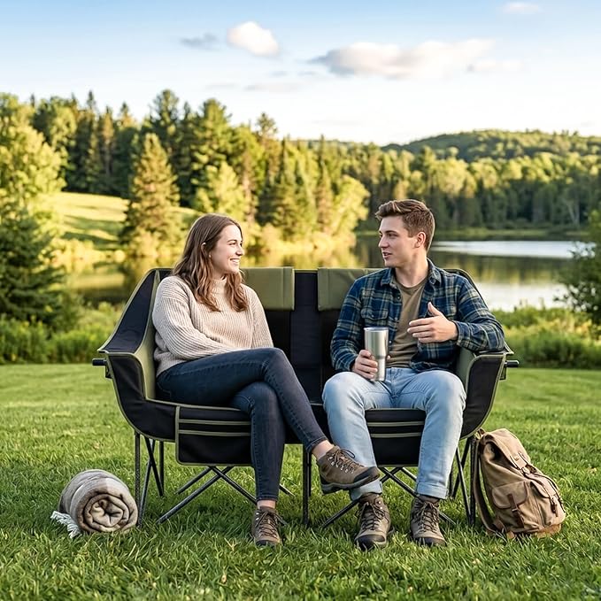 Heavy Duty Double Camping Chair with Padded Camping Loveseat – Oversized 2 Person Folding Camping Chair for AdultsPortable Camping Sofa with Cup Holders &amp Carry Bag for Outdoor Lawn Beach or Pat