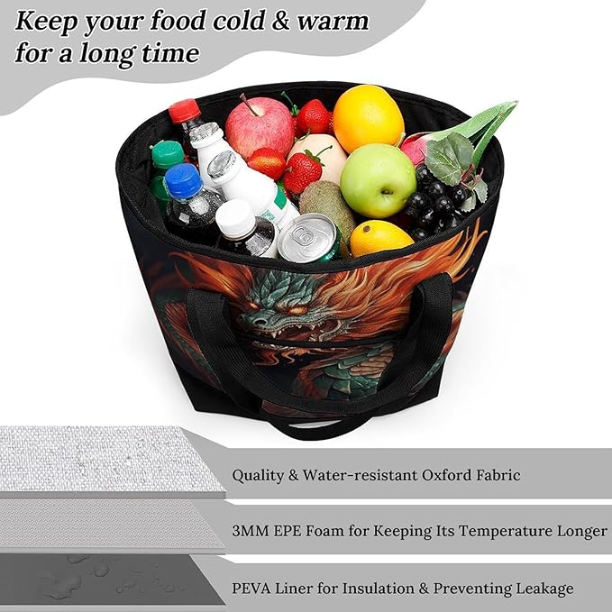 Insulated Shopping BagLarge Reusable Cooler Bags Chinese Dragon Printed Foldable Shopping BagTravel Waterproof Shoulder Bag