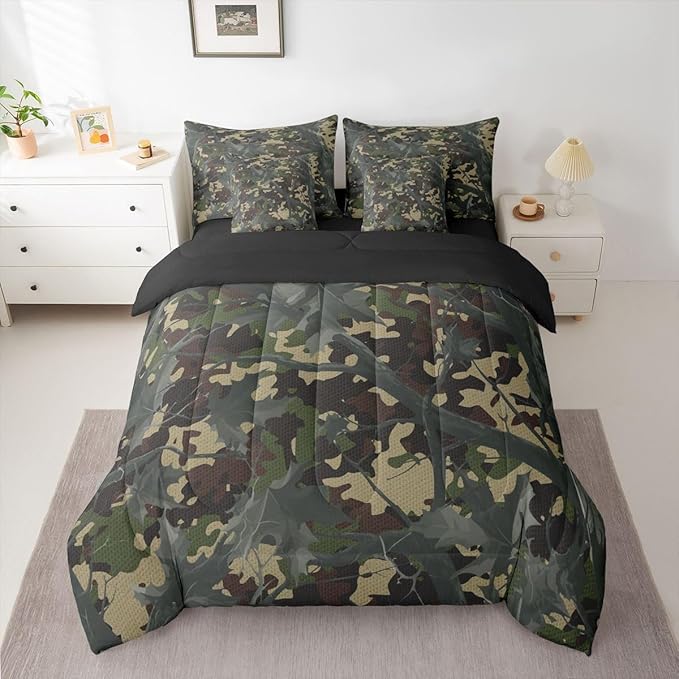 jejeloiu Camouflage Tree Branches 7 Piece Bedding Set for Girls Boys Kids Twin Size Camo Bed in a Bag Room Decor Military Style Comforter Set with SheetsPillowcases &amp Cushion Cover Microfiber