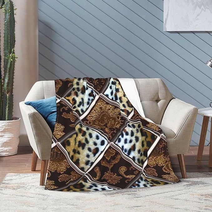 60X50 African Cheetah Patch Quilt Pattern Lightweight Flannel Blanket - Soft and Breathable Polyester Suitable for Travel Camping and Home Decoration