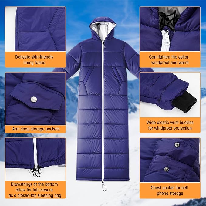 Macarrie Cold Weather Wearable Sleeping Bag for Adults with Sleeves and Hood 74 Inch Long 0 Degree Winter Weather Insulated Extreme Cold Sleeping Bag Coat for Camping Hiking Stadium