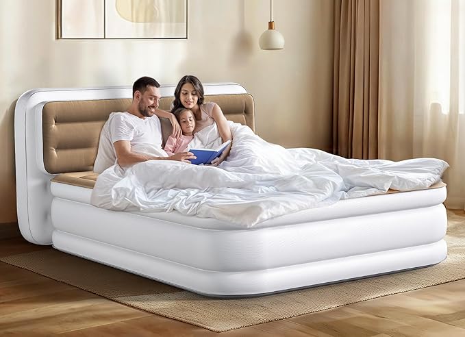 YITAHOME 18'' Flocked Top Queen Air Mattress with Pump and Banded Headboard Durable Inflatable Bed Blow-Up Mattress for Indoor and Outdoor Use Brown