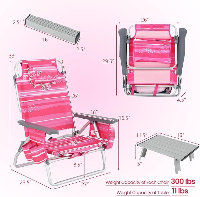 Backpack Beach Chair 5 Position Adjustable Camping Chairs with Aluminum Table Head Pillow Cooler Bag Cup Holders Folding Beach Chairs for Adults (with Table Pink Stripe)