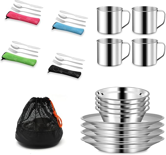29pcs Stainless Steel Utensils Camping Tableware Kit with Bowls Plates Cups Forks Spoons and Knives for 4 Reusable Camping Flatware