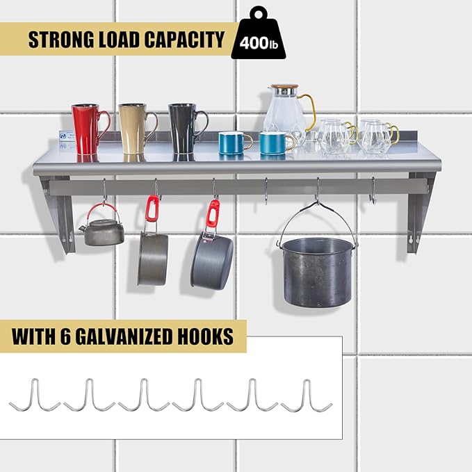 Hally Stainless Steel Shelf with 6 Hooks 18 x 48 Wall Mounted Pot Rack 400lb NSF Commercial Floating Shelving for Storage Hanging Pots Pans cookware in Restaurant Kitchen Home and Hotel