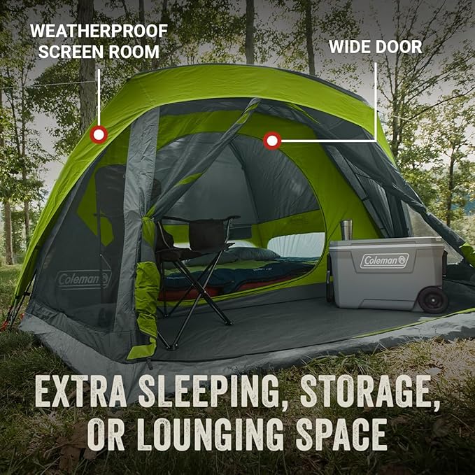 Coleman Skydome Camping Tent with Screened Porch &amp 5-Minute Setup Weatherproof 4/6/8 Person Tent with Rainfly &amp Carry Bag Made of PFAS-Free Materials
