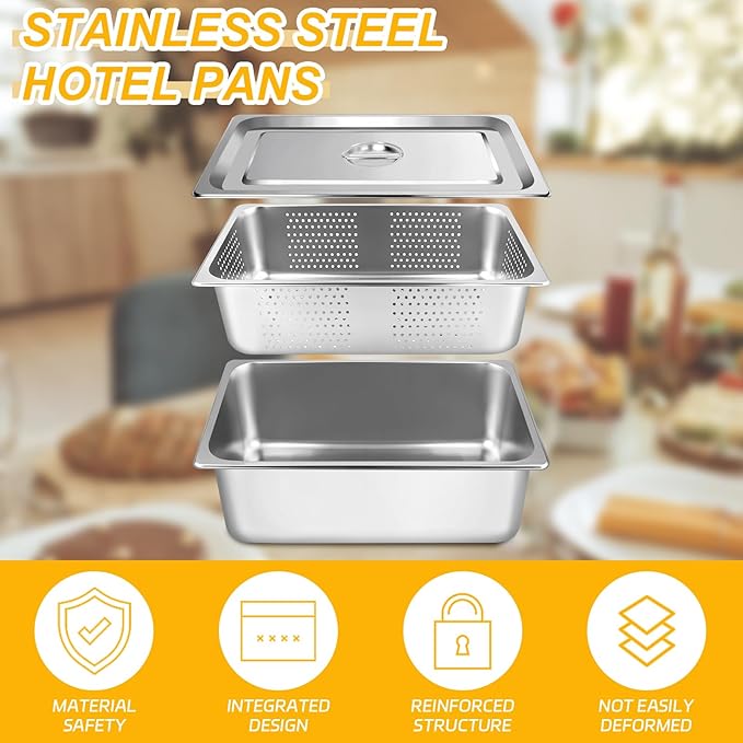 3 Pack Full Size 6 Inch 8 Inch Hotel Pan with Lid Perforated Steam Table Pan Chafing Pans Steam Table Tray Stainless Steel Restaurant Supplies for Buffets Catering Commercial Kitchen