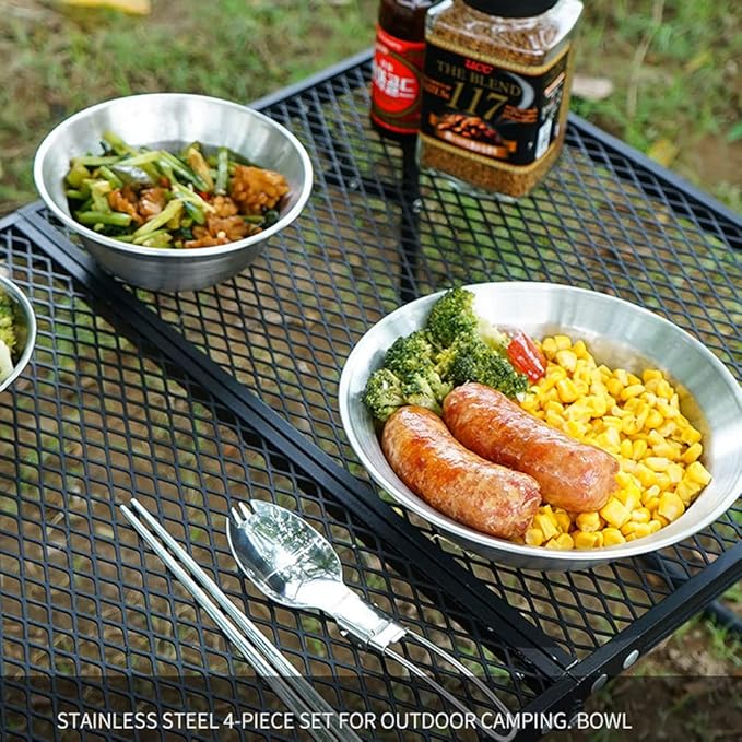 4PCS Camping Mess Kit Stainless Steel Camping Dishes Set Dinnerware for 1-2 Person Dishes and Bowl Set for Backpacking Hiking Picnic RV Travel