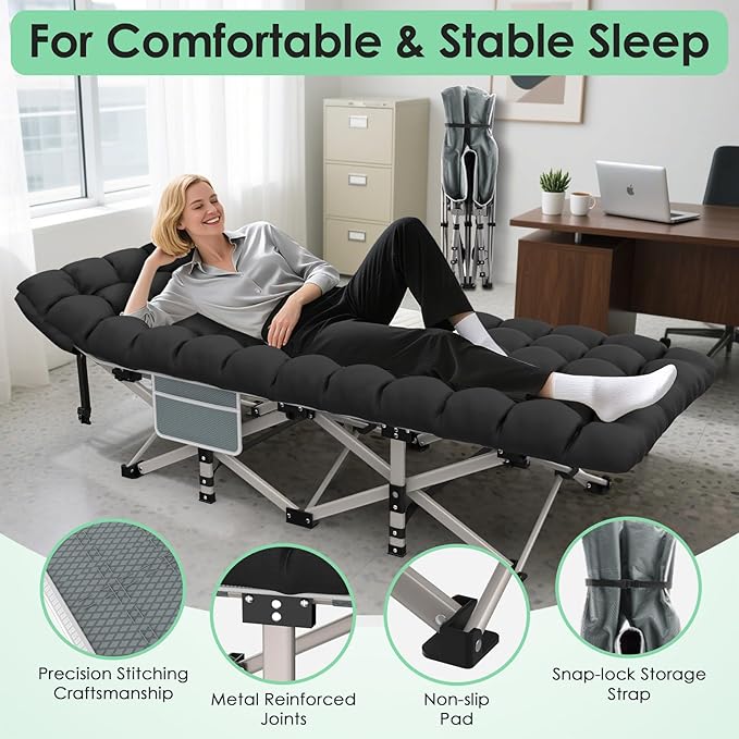 Suteck Camping Cot Folding Camping Cot Bed for Adults Sleeping 1200D Double Layer Oxford Portable Folding Outdoor Cots for Camping W/Soft Pad Carry Bag for Home Office Nap Beach Travel