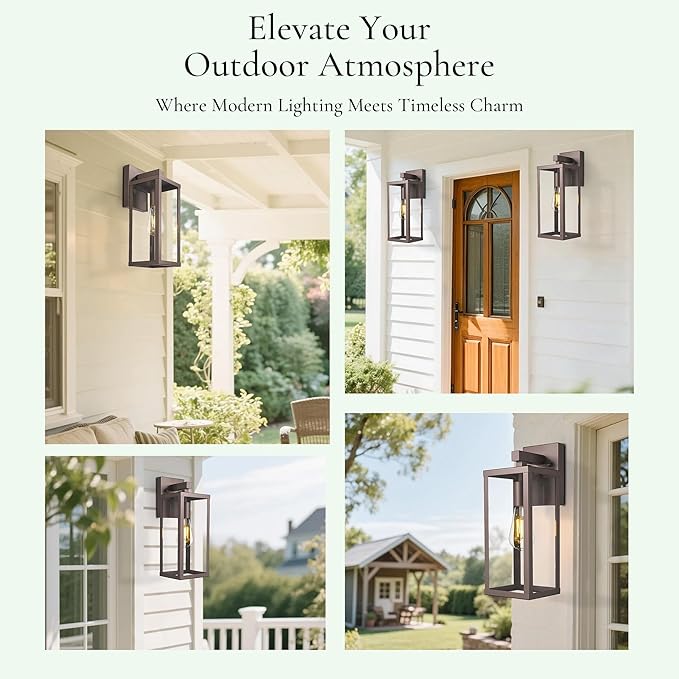 Outdoor Wall Light with Clear Glass Anti-Rust Exterior Wall Sconce Weather Resistant Outdoor Lantern Exterior Lighting for Porch Patio Garage Entryway (Oil-Rubbed Bronze 15.5Height-2 Pack)