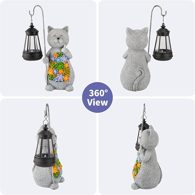 Solar Cat Garden Statue with Succulent Decor Hanging Lantern – Waterproof Resin Outdoor Figurine for Yard Patio Balcony – Gift for Cat Lovers Gardeners
