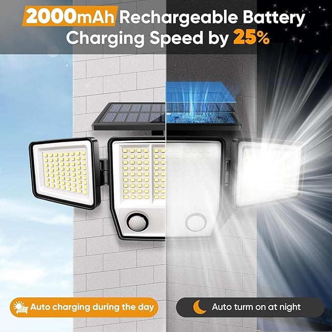 Solar Motion Sensor Outdoor Lights Waterproof - 3000LM 3 Modes Security Lights Outdoor 270° Illumination IP65 LED Solar Flood Wall Light for Garden Yard Patio Pathway (with Stakes 4)