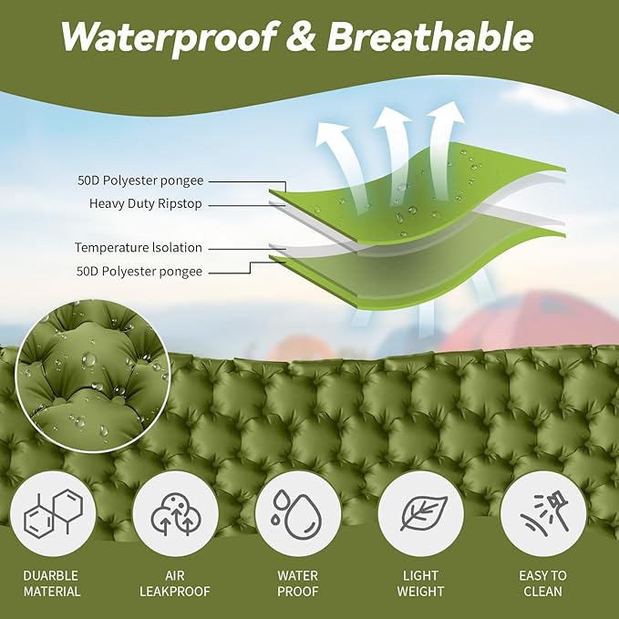 HiiPeak Double Sleeping Pad - Self Inflating 3 Extra-Thick for 2 Person with Pillow Built-in Foot Pump Inflatable Sleeping Mat for Backpacking Hiking Traveling Tent Portable Camping Mat (Green)