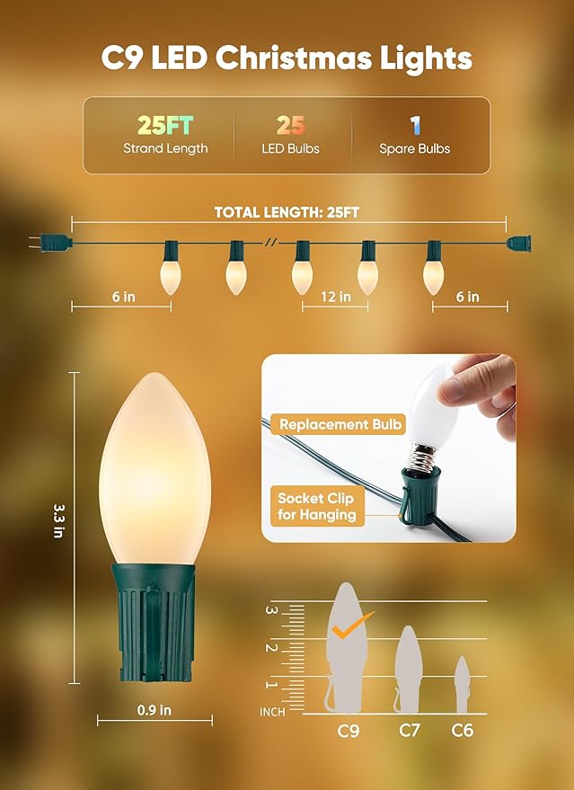 Minetom Vintage C9 LED Christmas Lights Outdoor 25 Feet C9 String Lights with 25 Shatterproof Matte Bulbs Connectable Waterproof Lights for Holiday Party Roofline Backyard Garden Patio Warm White