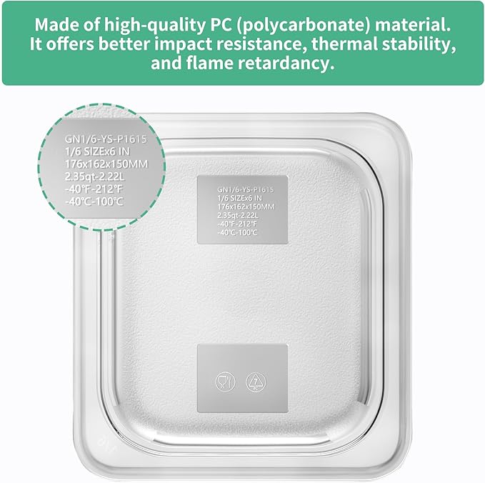 6Pack Food Pans 1/6 Size 6 Inch Deep Commercial Food Storage Containers Polycarbonate Clear (Click to select 1/6 Size 6 Deep With lid)