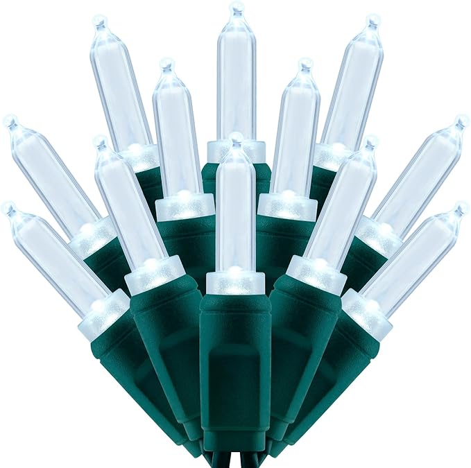 100 Cool White One-Piece LED Christmas Lights 33 ft Green Cord High Waterproof UL Certified T5 Outdoor String Lights (Cool White)
