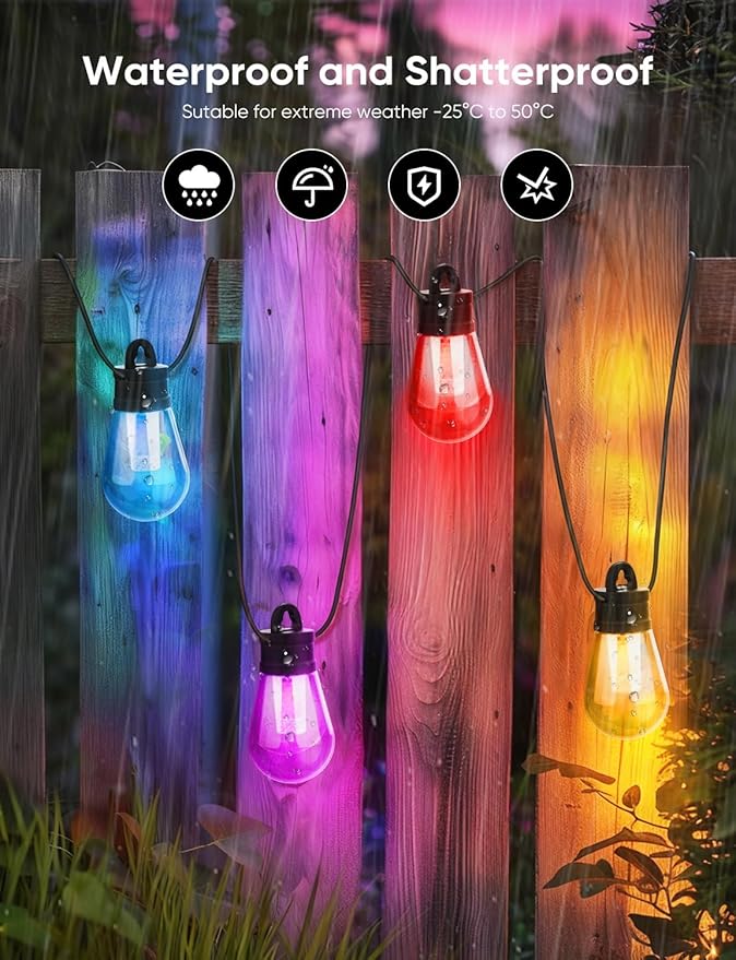 APPECK Outdoor String Lights 150ft Smart RGBW Outdoor Patio Lights with 45 LED Bulbs Extendable 111 Scene Modes IP65 Waterproof Lighting for Outside Dimmable Warm White Compatible with Alexa
