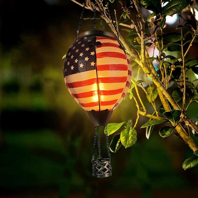 Glass Solar Hot Air Balloon Lantern with Flame Hanging Garden Flickering Light Outdoor Waterproof for Yard Patio Tree 4th of July Decorations Flag