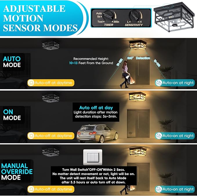 Outdoor Ceiling Light with Motion Sensor Flush Mount Squares Porch Light 2-Light Dusk to Dawn Ceiling Lights Fixture with Clear Glass for Entryway Farmhouse Garage Front and Back Yards Black
