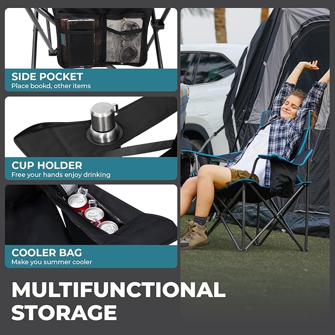 FUNDANGO Oversized Camping Chair for Adults Heavy Duty Portable Foldable Lawn Chair with Padded Seat &amp Back Lumbar Support 4-can Cooler &amp Cup Holder Carry Bag Included for Outdoor