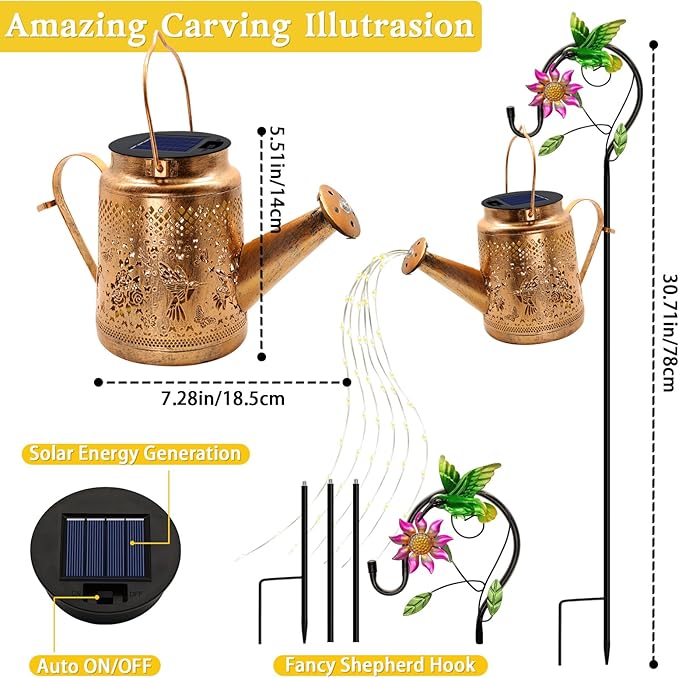 Solar Lights Outdoor Garden Decor Hummingbird Hanging Watering Can Landscape Lights Waterproof Outside Decorations for Yard Front Porch Patio Backyard Gardening Gift for Mom Grandma Women Birthday