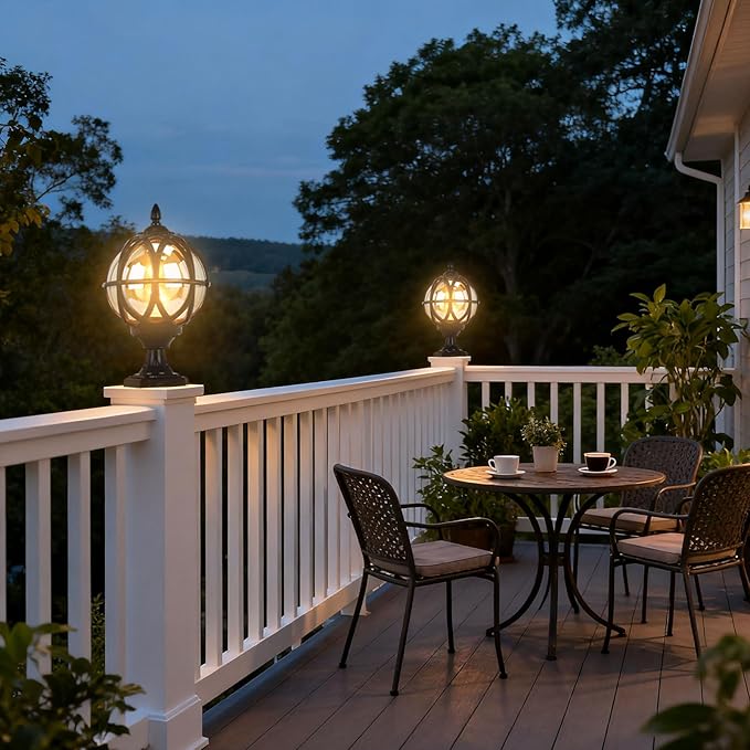 Outdoor Post Light Fixture Retro Amber Glass Ball Pillar Lights Waterproof Die-cast Aluminum Column Lamp Villa Courtyard Garden Park Doorpost Light Fence Light Landscape Lighting