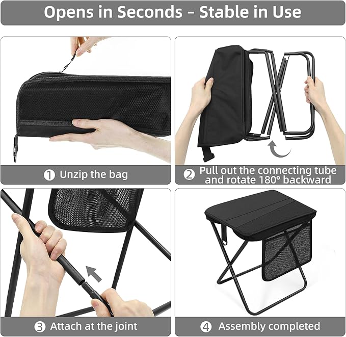 Portable Folding Camp Stool with Side Pocket Taller Foldable Camping Stool for Adults Metal Backpacking Stool Lightweight Mini Folding Chair Compact Camping Seat Travel Fishing Hiking Mobile Chair