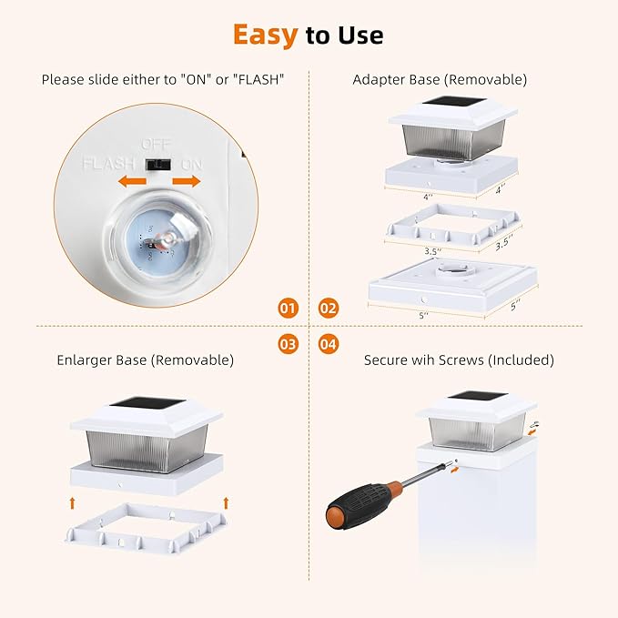Solar Post Cap Lights 8 Pack Outdoor Flickering Flame Light Fit for 3.5x3.5 4x4 5x5 Vinyl/Wooden Post HIGT Brightness SMD LED Decor for Garden/Whiteyard - White