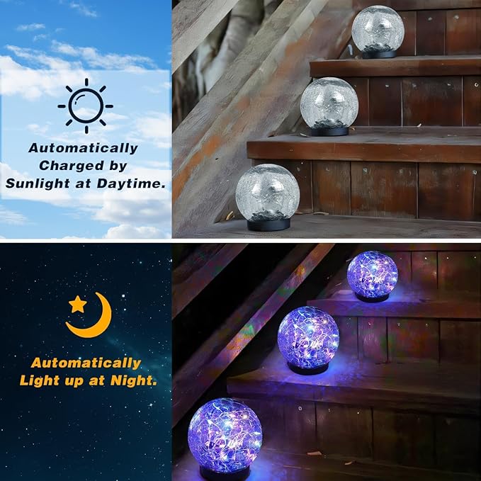 Solar Garden Lights Outdoor Waterproof 4 Pack Cracked Glass Ball Light Ground Landscape Garden Decor Solar Globe Decorative for Pathway/Patio/Lawn/Yard (Multicolor 4.7)