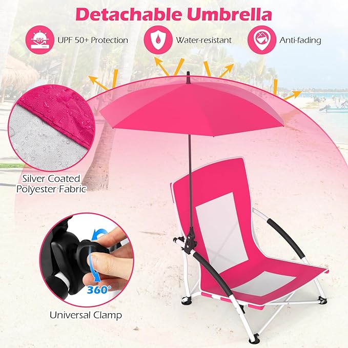 GYMAX Folding Beach Chair 330lbs Low Seat Camping Chairs with Removable Adjustable Umbrella Carry Bag Armrests Anti-Slip Foot Pads Lightweight Mesh High Back for Lawn BBQ Sport Event (1Pink)
