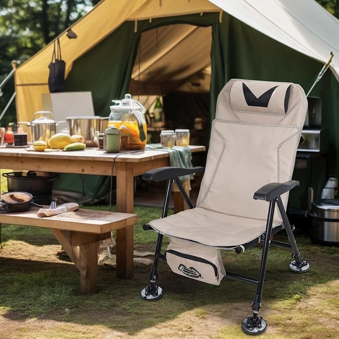 Reclining Fishing Chair Foldable Outdoor Angler Seat with Detachable Cushion &amp Anti-Slip Steel Feet Height Adjustable Patio Beach Recliner Carbon Steel Rod Chair Heavy-Duty Camping BBQ Lawn Ch