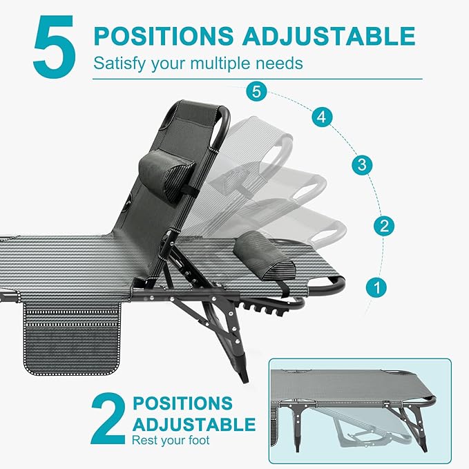 ABORON Heavy Duty Tanning Chair 5-Gear Outdoor Folding Chaise Lounge Chair with CushionPortable Beach Lounge Chair for Outdoor Sunbathing Patio Pool Lawn Deck Poolside