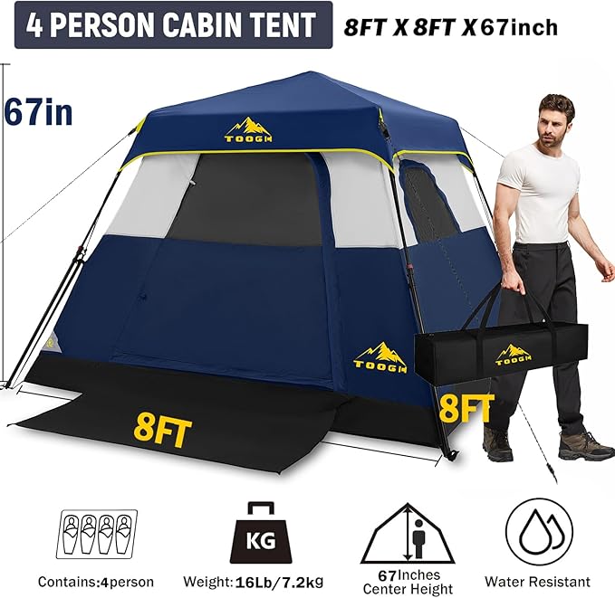 3/4 Person Camping Tent with 1 Door 4 Windows and Upgraded Ventilation– Instant Setup Waterproof 8'x 8'x 67''Oxford Fabric Floor Pop Up in 60 Seconds Includes Rainfly and Backpack