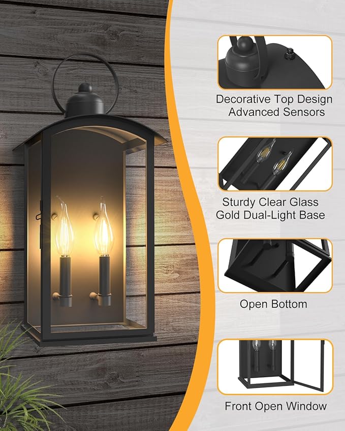 𝟏𝟗.𝟕-𝐈𝐍𝐂𝐇 Outdoor Wall Light Fixtures Dusk to Dawn Exterior Lanterns Waterproof Large Porch Sconces Wall Mounted Lighting Modern Matte Black Front Open Window Wall Lamps for Patio