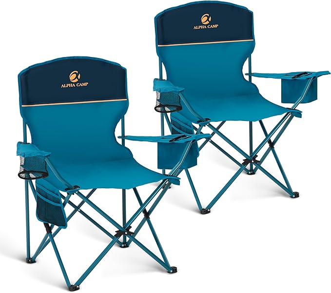 LET'S CAMP Camping Chair 2 Pack Folding Chair with 3-Can Cooler Bag Portable Lawn Chair with Cup HolderStorage Pocket Supports 225LBS Collapsible Chair for Camp Beach Picnic (Blue)