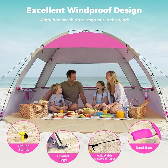 Venustas Beach Tent Sun Shelter for 3/4-5/6-7/8-10 Person UPF 50+ UV Protection Beach Canopy Lightweight and Easy Setup Cabana Portable Shade Tent