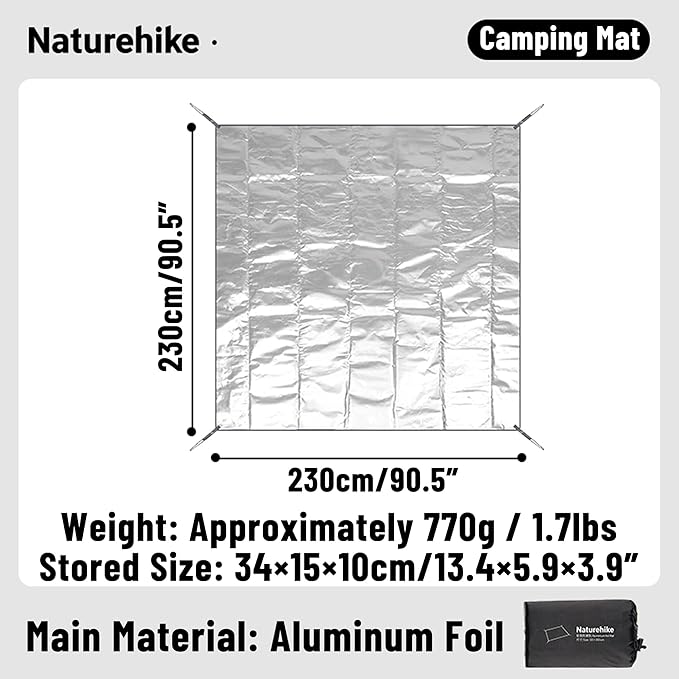 Naturehike Aluminum Foil Foldable Picnic Blanket Ultralight Ground Sheet Mat Waterproof Camping Tarp Sleeping Pad for Outdoor PicnicCampingBeaches Storage Bag Included (90.55×102.36)