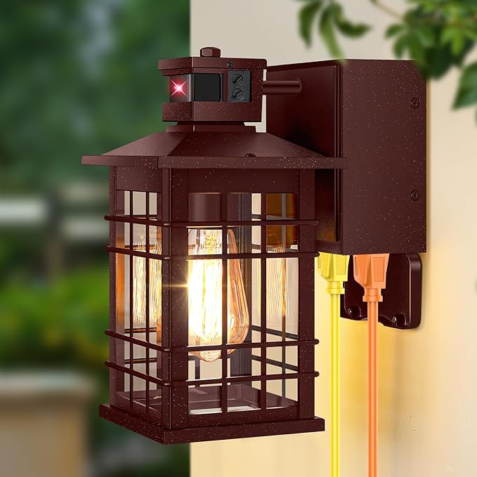 Porch Light with GFCI Outlets Brown Motion Sensor Dusk to Dawn Outdoor Wall Light Fixture Waterproof Outside Wall Lantern Sconce 3 Lighting Modes Exterior Wall Light for Patio Garage Front Door