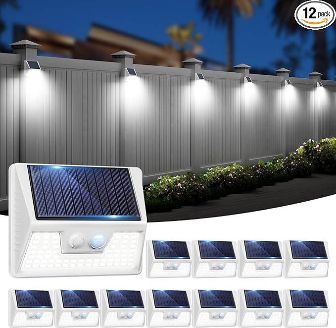 12 Pack Solar Lights Outdoor Motion Sensor Waterproof Fence Lights with 3 Lighting Mode Cool White LED Security Deck Lights for Outside Wall Yard Steps Stairs Garden - White