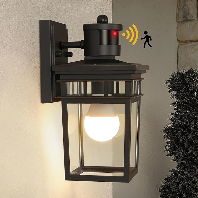 Motion Sensor Outdoor Wall Lantern with 4 Modes Dusk to Dawn Sensor Exterior Wall Light Outdoor Wall Sconce with Glass Shade Motion Activated Porch Light for Doorway Garage LED Bulb Included