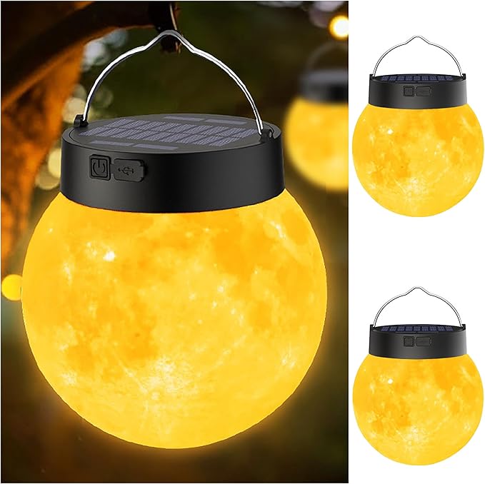Solar Powered Garden Moon Lights 2 Pack 3D Moon Surface Printing Globe Light with Warm White LED LightsWaterproof Outdoor for LawnPatioYardCampingChristmas Lights Decor