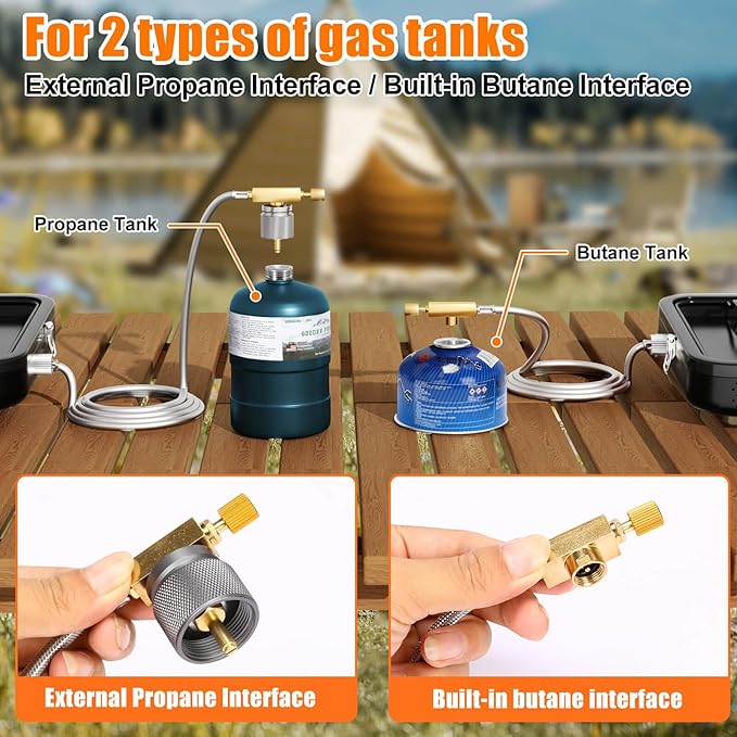 Hisencn Camping Stove2 Burner Propane Stove20000 BTU/h Camping Cooking set Includes Frying PanKettle and PotAdjustable Burners &amp Piezo IgnitionPortable stove for camping OutdoorBlack