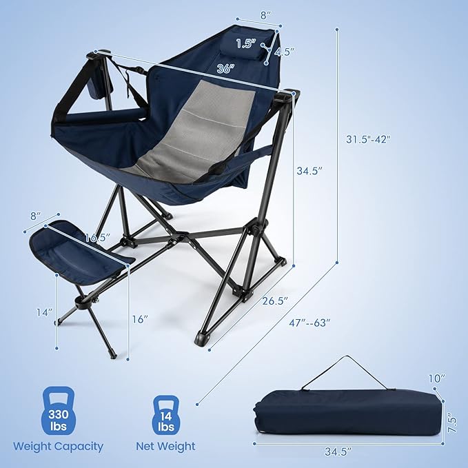 HAPPYGRILL Hammock Camping Chair Outdoor Folding Swinging Chair with Retractable Footrest Cozy Head Pillow Carrying Bag Included Portable Lightweight Rocking Chair for Camping Fishing Picnic