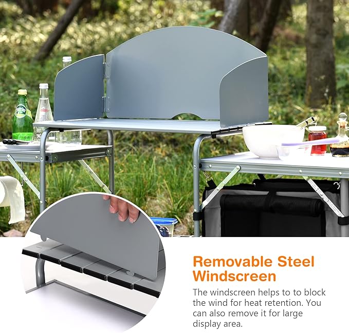 Giantex Folding Grill Table with 26'' Tabletop and Detachable Windscreen Aluminum Portable Camp Cook Station Carry Bag Quick Set-up BBQ Camping Picnic Backyard Outdoor Camping Kitchen Table (Grey)