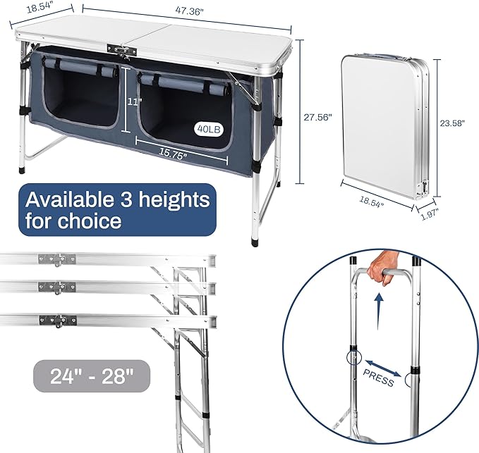 Elevon Aluminum Alloy Portable Camping Dining Storage Compartment Adjustable Table Legs Suitable for Beaches Courtyards Picnics BBQ and Parties White