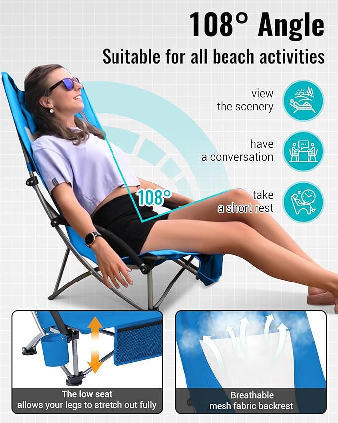 KingCamp Low Beach Chair High Back Folding Camping Chair for Adults Oversized Breathable Mesh Seat 300lbs Heavy Duty Portable Chair with Cup Holder &amp Storage Pockets for Beach Outdoor